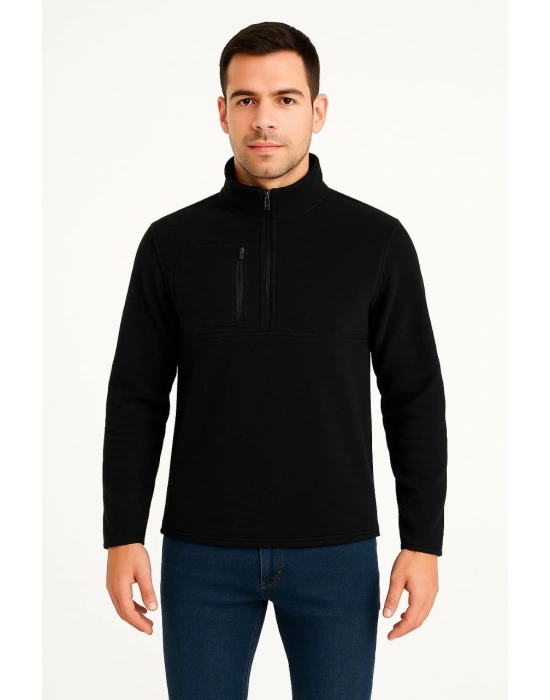 Erkek Polar Kazak – Dik Yaka, Yarım Fermuarlı, Fermuarlı Göğüs Cepli, Siyah Biyeli, Kışlık Rahat Regular Fit Günlük Model - Siyah