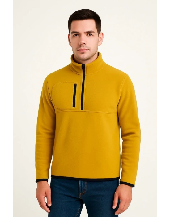 Erkek Polar Kazak – Dik Yaka, Yarım Fermuarlı, Fermuarlı Göğüs Cepli, Siyah Biyeli, Kışlık Rahat Regular Fit Günlük Model - Sarı