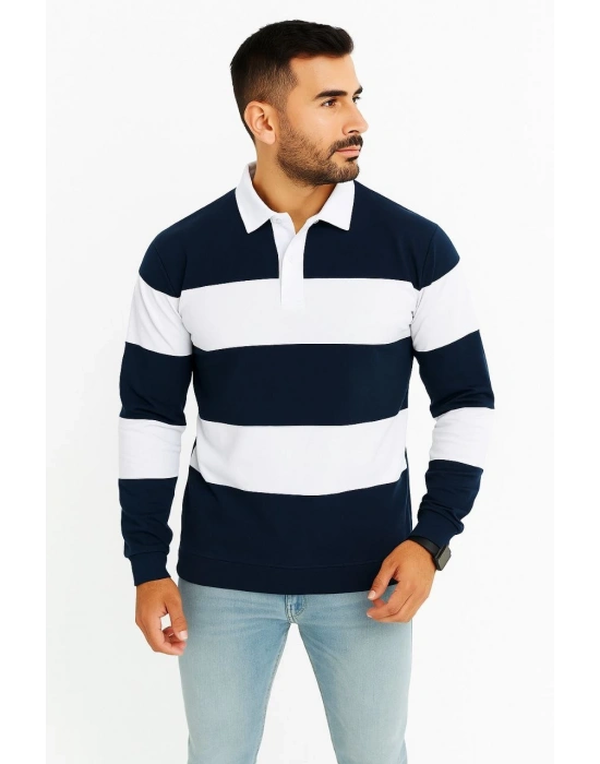Erkek Polo Yaka Uzun Kollu Çizgili Sweatshirt Trend Rugby Stil - Lacivert