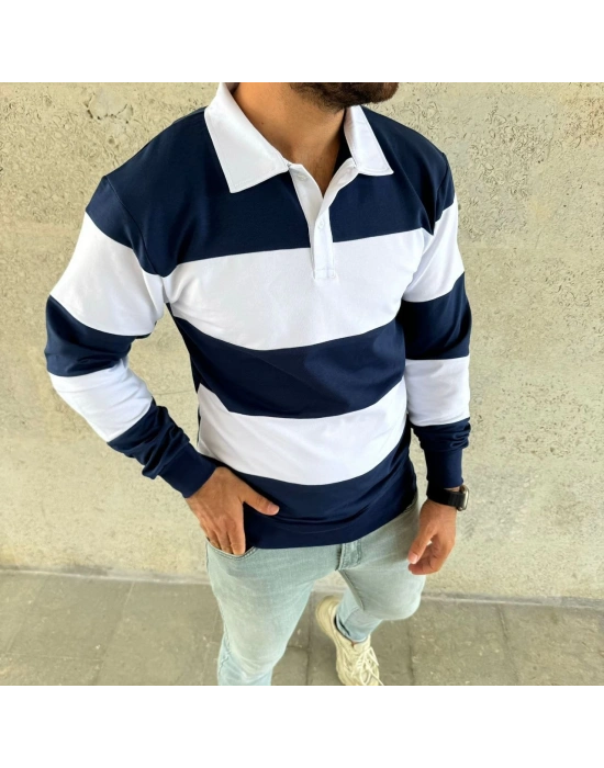 Erkek Polo Yaka Uzun Kollu Çizgili Sweatshirt Trend Rugby Stil - Lacivert