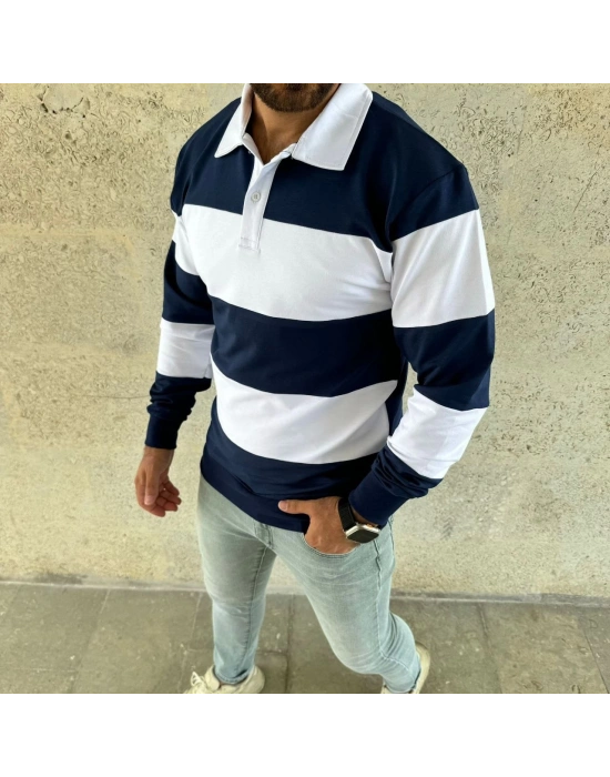 Erkek Polo Yaka Uzun Kollu Çizgili Sweatshirt Trend Rugby Stil - Lacivert