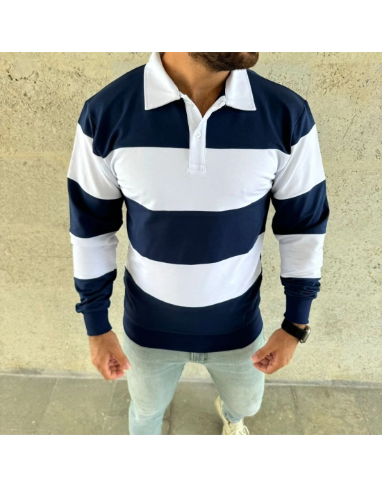 Erkek Polo Yaka Uzun Kollu Çizgili Sweatshirt Trend Rugby Stil - Lacivert
