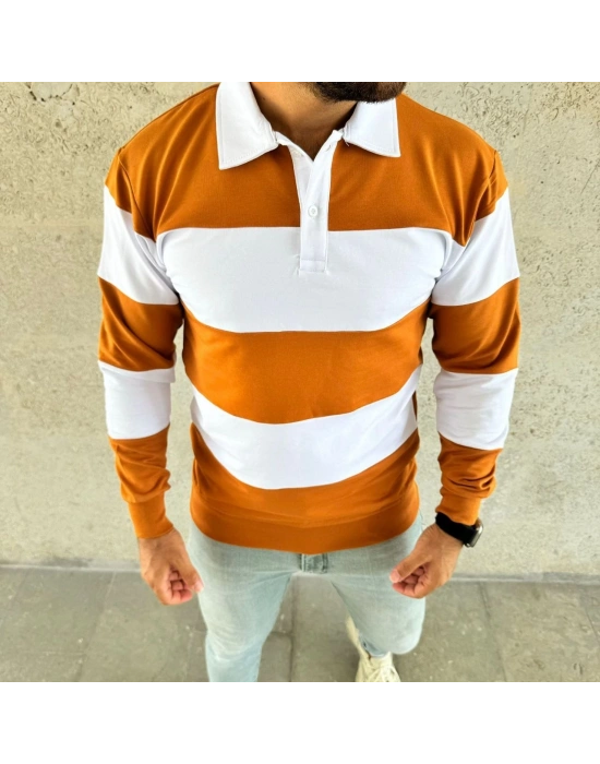 Erkek Polo Yaka Uzun Kollu Çizgili Sweatshirt Trend Rugby Stil - Turuncu