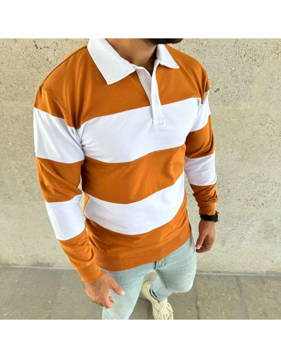 Erkek Polo Yaka Uzun Kollu Çizgili Sweatshirt Trend Rugby Stil - Turuncu