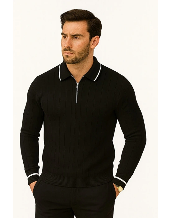 Erkek Polo Yaka Yarım Fermuarlı Regular Fit Kalıp Basic Düz Triko Kazak