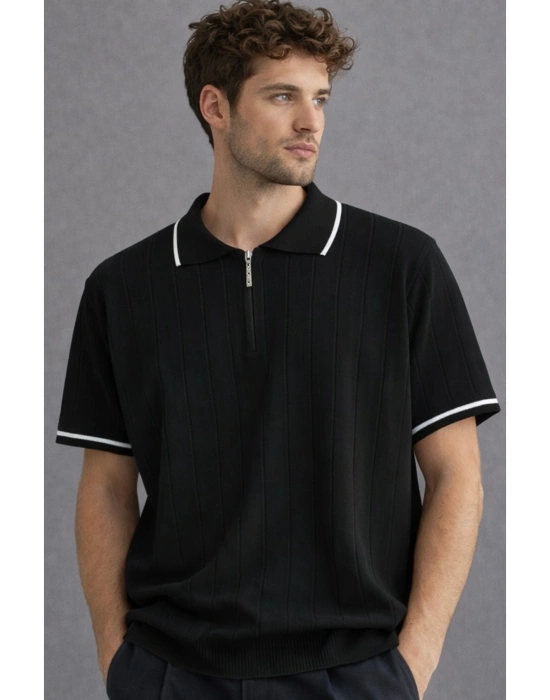 Erkek premium kalite rahat kalıp pamuklu yarım fermuarlı triko tişört Siyah