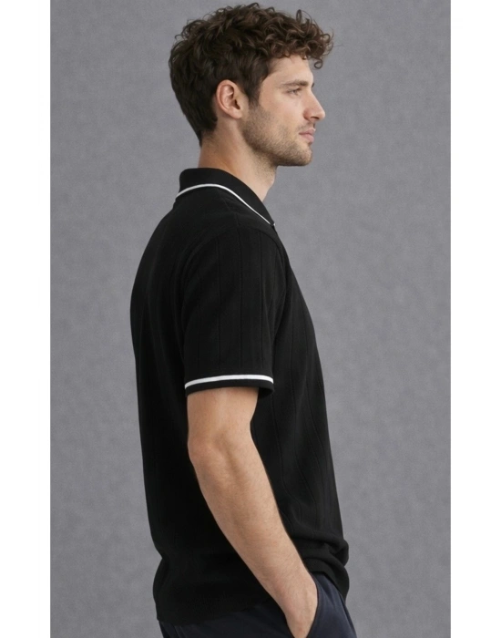 Erkek premium kalite rahat kalıp pamuklu yarım fermuarlı triko tişört Siyah
