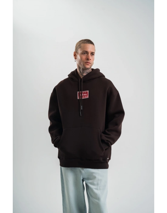 Erkek Premium Nakışlı Kapşonlu Sweatshirt Double Oversize Üç İplik Pamuklu - Siyah