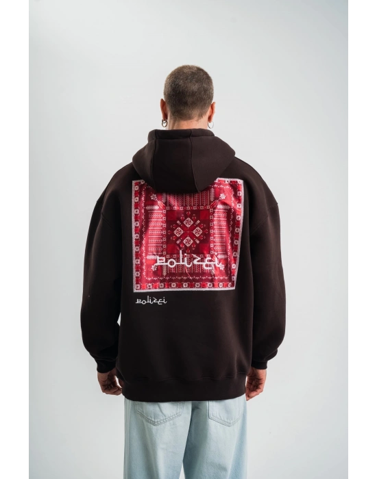 Erkek Premium Nakışlı Kapşonlu Sweatshirt Double Oversize Üç İplik Pamuklu - Siyah