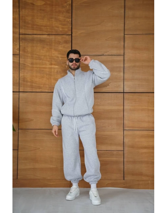 Erkek Premium Parçalı Eşofman Takım - Dik Yaka Fermuarlı Biyeli Sweatshirt Lastik Paça Alt, Oversize 3 iplik Şardonlu - Gri