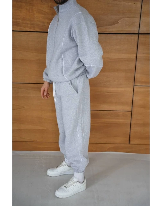 Erkek Premium Parçalı Eşofman Takım - Dik Yaka Fermuarlı Biyeli Sweatshirt Lastik Paça Alt, Oversize 3 iplik Şardonlu - Gri