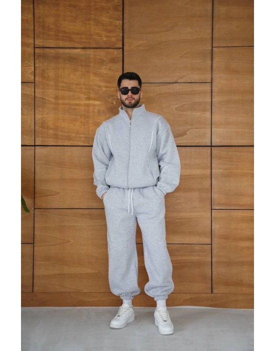 Erkek Premium Parçalı Eşofman Takım - Dik Yaka Fermuarlı Biyeli Sweatshirt Lastik Paça Alt, Oversize 3 iplik Şardonlu - Gri