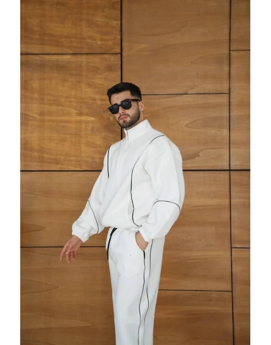 Erkek Premium Parçalı Eşofman Takım - Dik Yaka Fermuarlı Biyeli Sweatshirt Lastik Paça Alt, Oversize 3 iplik Şardonlu - Beyaz