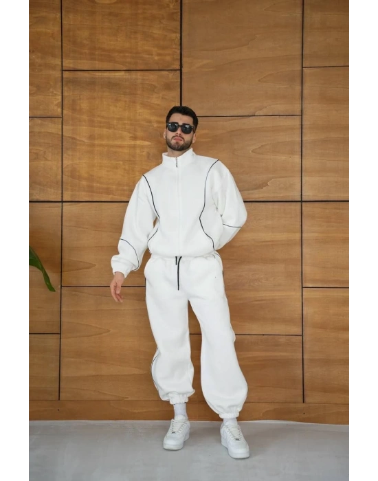 Erkek Premium Parçalı Eşofman Takım - Dik Yaka Fermuarlı Biyeli Sweatshirt Lastik Paça Alt, Oversize 3 iplik Şardonlu - Beyaz