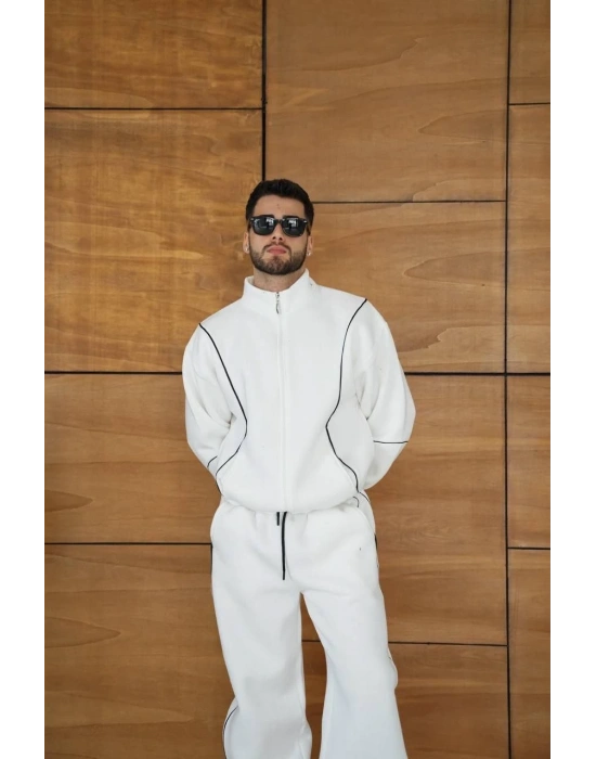 Erkek Premium Parçalı Eşofman Takım - Dik Yaka Fermuarlı Biyeli Sweatshirt Lastik Paça Alt, Oversize 3 iplik Şardonlu - Beyaz