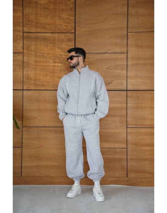 Erkek Premium Parçalı Eşofman Takım - Dik Yaka Fermuarlı Biyeli Sweatshirt Lastik Paça Alt, Oversize 3 iplik Şardonlu - Gri