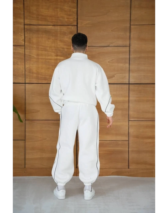 Erkek Premium Parçalı Eşofman Takım - Dik Yaka Fermuarlı Biyeli Sweatshirt Lastik Paça Alt, Oversize 3 iplik Şardonlu - Beyaz