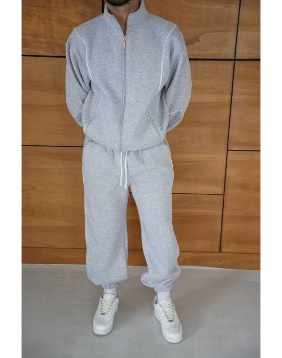 Erkek Premium Parçalı Eşofman Takım - Dik Yaka Fermuarlı Biyeli Sweatshirt Lastik Paça Alt, Oversize 3 iplik Şardonlu - Gri