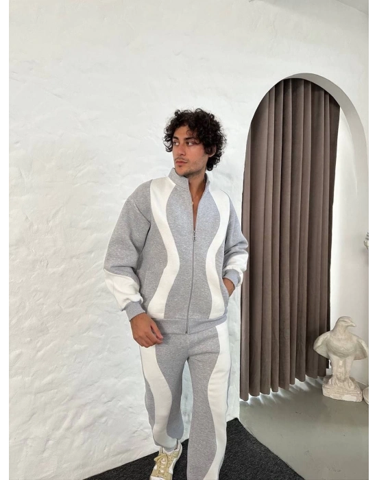 Erkek Premium Parçalı Eşofman Takım - Dik Yaka Fermuarlı Sweatshirt, - Gri