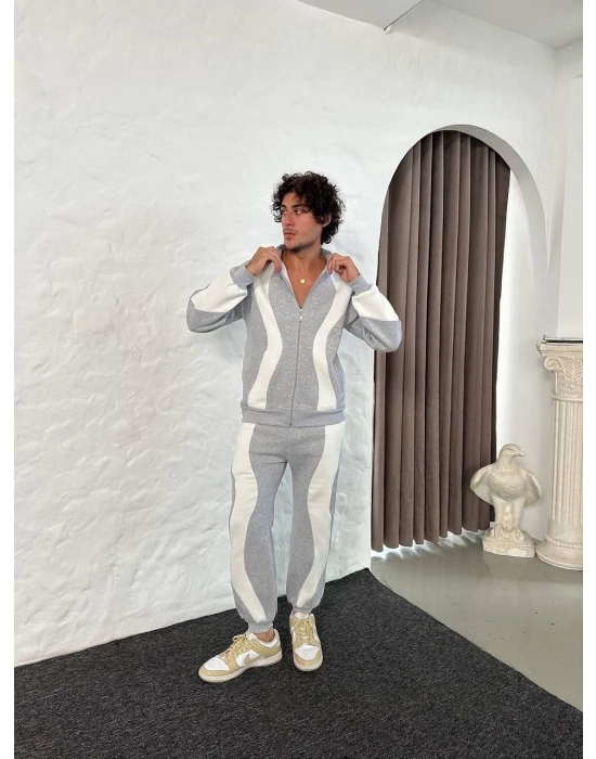 Erkek Premium Parçalı Eşofman Takım - Dik Yaka Fermuarlı Sweatshirt, - Gri