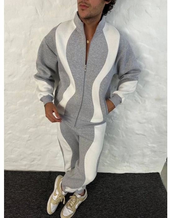 Erkek Premium Parçalı Eşofman Takım - Dik Yaka Fermuarlı Sweatshirt, - Gri