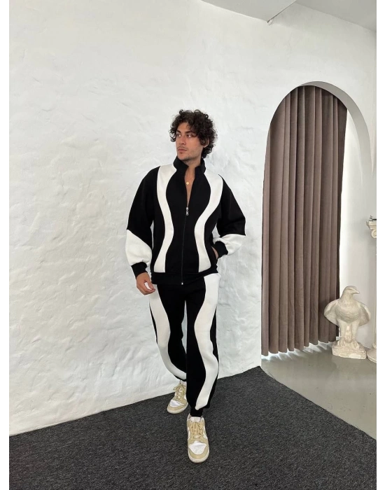 Erkek Premium Parçalı Eşofman Takım - Dik Yaka Fermuarlı Sweatshirt, - Siyah