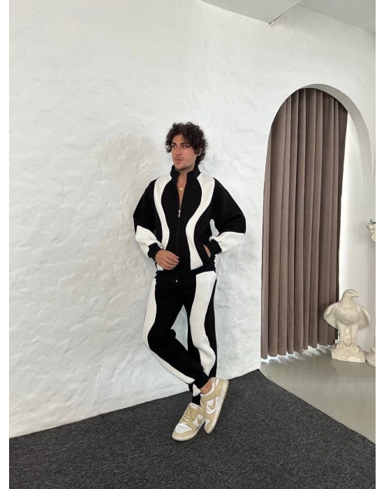 Erkek Premium Parçalı Eşofman Takım - Dik Yaka Fermuarlı Sweatshirt, - Siyah