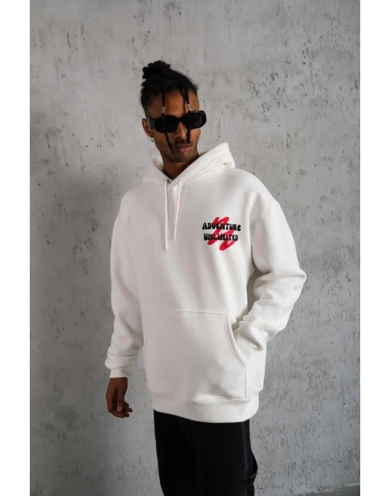 Erkek Şapkalı Güvercin Baskılı Kapşonlu Sweat - Beyaz