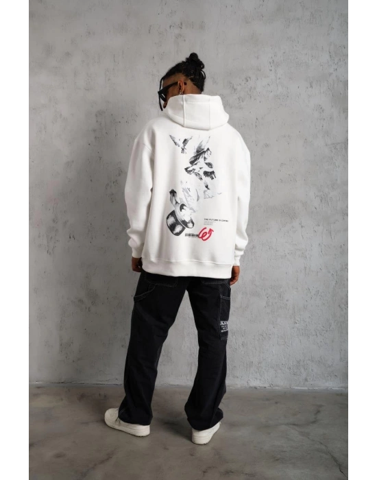 Erkek Şapkalı Güvercin Baskılı Kapşonlu Sweat - Beyaz