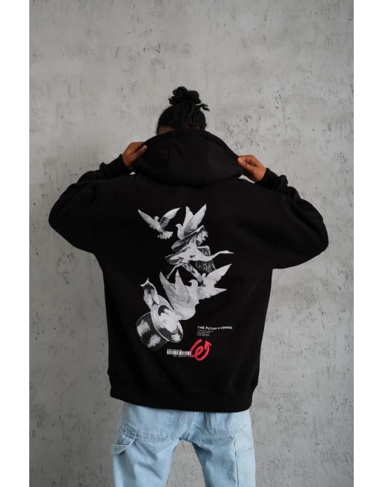 Erkek Şapkalı Güvercin Baskılı Kapşonlu Sweat - Siyah