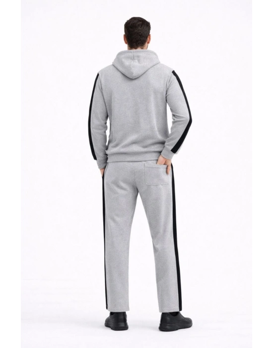 Erkek Şeritli Eşofman Takım Kapüşonlu Sweatshirt Boru Paça Alt, Oversize 3 iplik Pamuklu - Gri