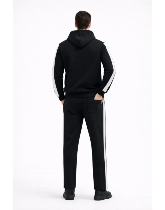Erkek Şeritli Eşofman Takım Kapüşonlu Sweatshirt Boru Paça Alt, Oversize 3 iplik Pamuklu - Siyah