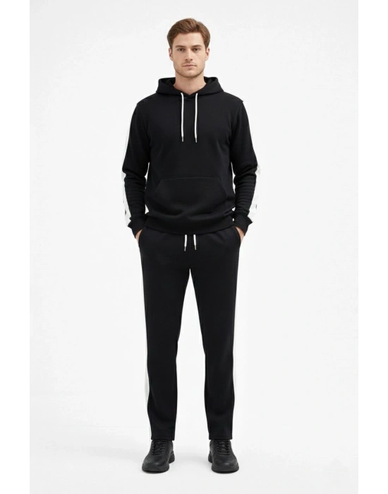 Erkek Şeritli Eşofman Takım Kapüşonlu Sweatshirt Boru Paça Alt, Oversize 3 iplik Pamuklu - Siyah