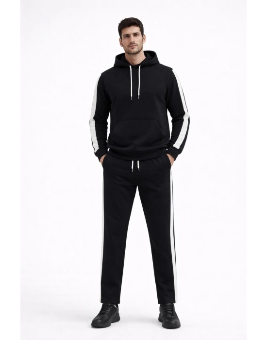Erkek Şeritli Eşofman Takım Kapüşonlu Sweatshirt Boru Paça Alt, Oversize 3 iplik Pamuklu - Siyah