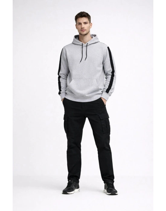 Erkek Şeritli Kapüşonlu Sweatshirt Oversize 3 iplik Pamuklu - Beyaz