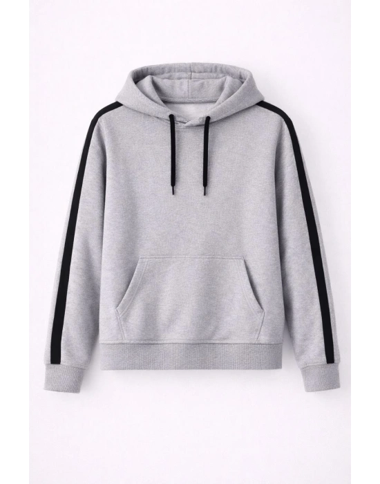 Erkek Şeritli Kapüşonlu Sweatshirt Oversize 3 iplik Pamuklu - Gri