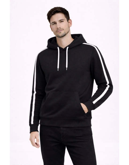 Erkek Şeritli Kapüşonlu Sweatshirt Oversize 3 iplik Pamuklu - Siyah