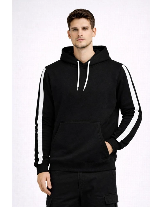 Erkek Şeritli Kapüşonlu Sweatshirt Oversize 3 iplik Pamuklu - Siyah