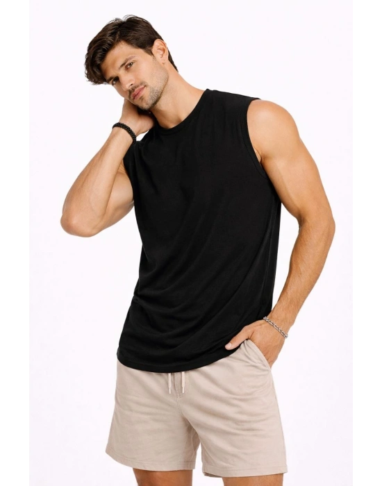 Erkek Sıfır Kolsuz Atlet Bisiklet Yaka Oversize Basic Spor Üst, Günlük ve Fitness Kullanımına Uygun - Siyah