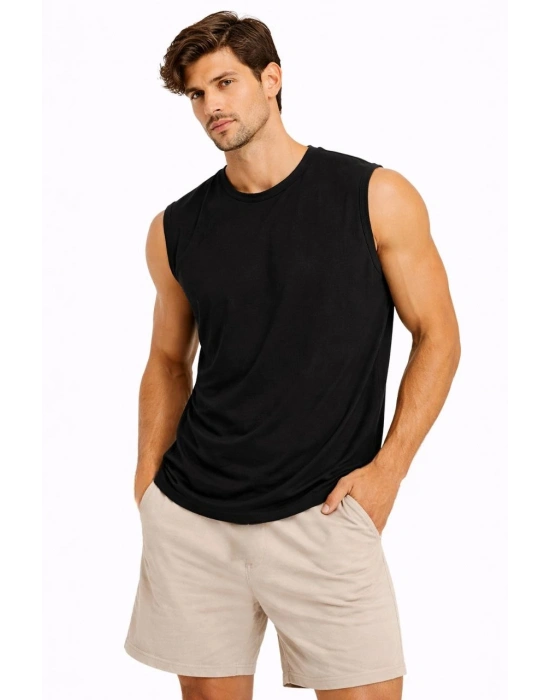 Erkek Sıfır Kolsuz Atlet Bisiklet Yaka Oversize Basic Spor Üst, Günlük ve Fitness Kullanımına Uygun - Siyah