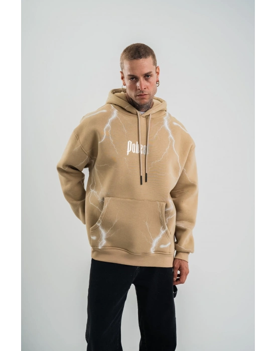 Erkek Şimşek Baskılı Kapşonlu Sweatshirt Üç İplik Pamuklu Kanguru Cepli Double Oversize Hoodie - Füme