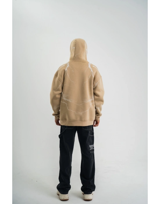 Erkek Şimşek Baskılı Kapşonlu Sweatshirt Üç İplik Pamuklu Kanguru Cepli Double Oversize Hoodie - Füme