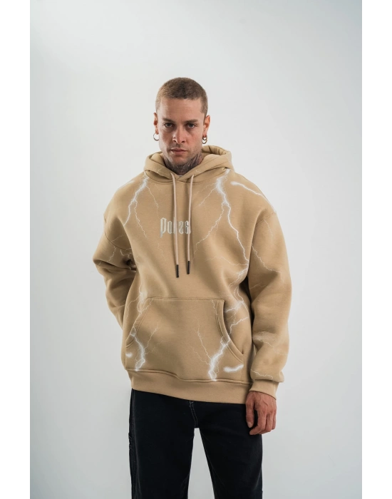 Erkek Şimşek Baskılı Kapşonlu Sweatshirt Üç İplik Pamuklu Kanguru Cepli Double Oversize Hoodie - Füme