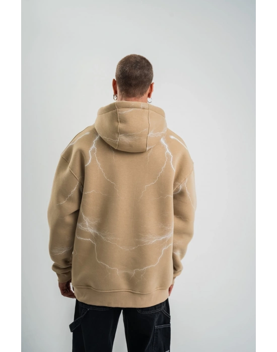 Erkek Şimşek Baskılı Kapşonlu Sweatshirt Üç İplik Pamuklu Kanguru Cepli Double Oversize Hoodie - Füme