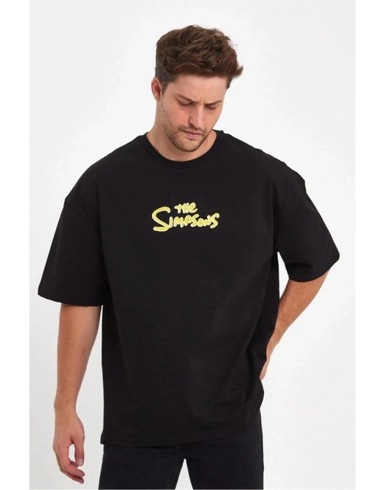 Erkek Sırt Baskılı Bisiklet Yaka Oversize T-shirt - Siyah