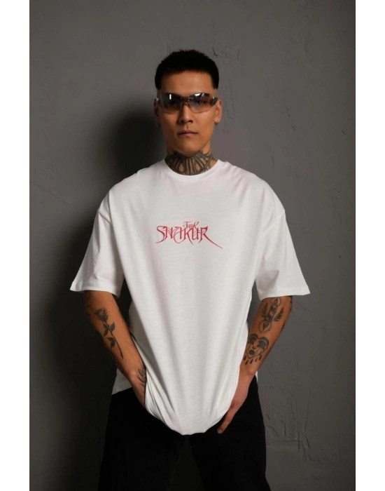 Erkek Sırt Baskılı Oversize T-Shirt - Beyaz