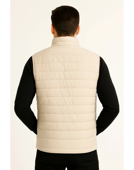 Erkek Şişme Fermuarlı Yelek Su itici Kapitone Astarlı Kumaş Cepli Hafif Kışlık Spor Rahat Kalıp -Bej