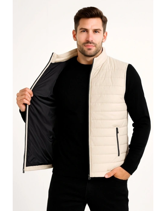 Erkek Şişme Fermuarlı Yelek Su itici Kapitone Astarlı Kumaş Cepli Hafif Kışlık Spor Rahat Kalıp -Bej