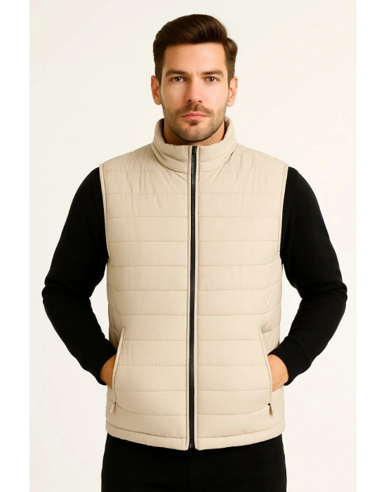 Erkek Şişme Fermuarlı Yelek Su itici Kapitone Astarlı Kumaş Cepli Hafif Kışlık Spor Rahat Kalıp -Bej