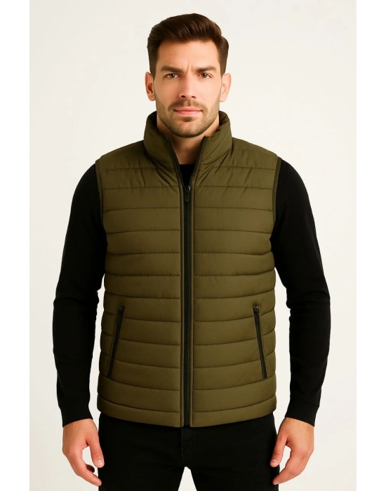 Erkek Şişme Fermuarlı Yelek Su itici Kapitone Astarlı Kumaş Cepli Hafif Kışlık Spor Rahat Kalıp - Haki